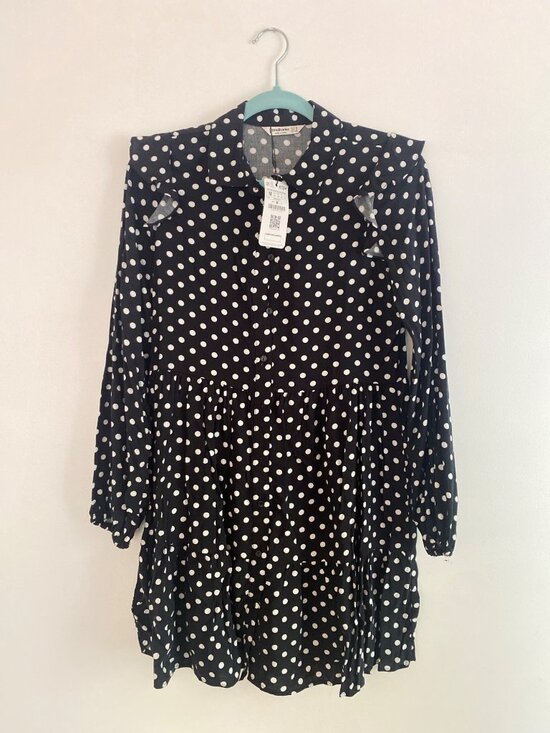 stradivarius Dresses & Skirts - NWT Stradivarius Black & White Polka Dot Long-Sleeve Tiered Mini Dress Size M